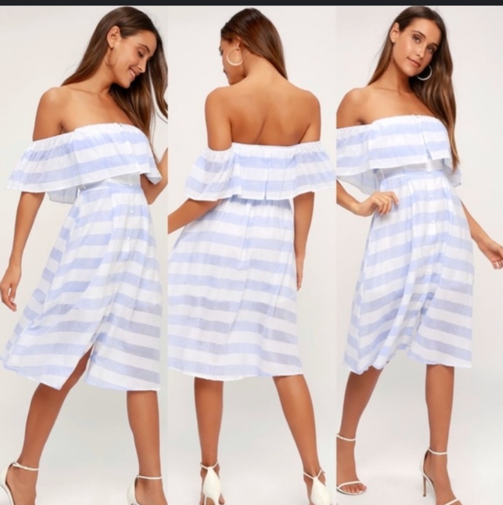 Lulus- Stripe Off/ On Shoulder Button Down Dress-M - image 1
